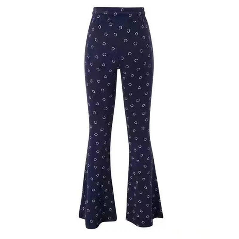 Vintage Korean Style Smile Print Y2K Harajuku Chic Trousers Female Spring Women's Casual Streetwear High Waist Slim Flare Pants