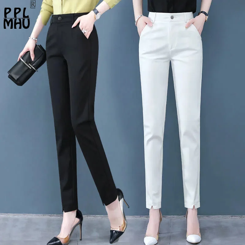 White Pants Women Elastic High-waisted Haren Pants Fashion Wild  Professional Suit Pants Office Ladies Trousers Black Khaki Pants - Pants &  Capris - AliExpress