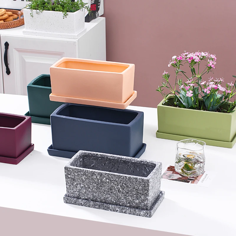 

Nordic simple wind breathable home creative personality literary rectangular strip ceramic flowerpot with tray MG