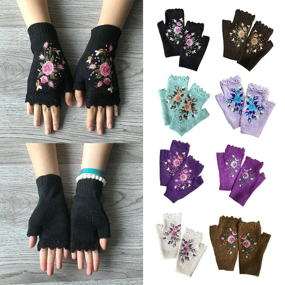 

Keep Warm Knitted Fingerless Gloves Comfortable Thumb Holes Floral Bee Embroidery Flower Mittens Wrist Length Mittens Women