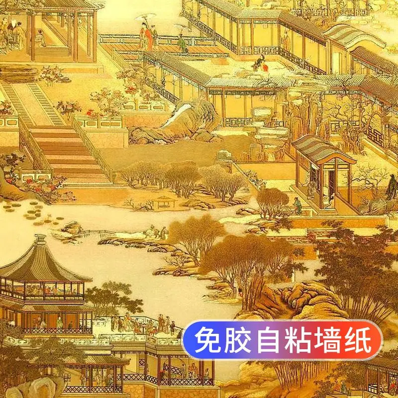 

Самоклеящаяся настенная бумага в китайском стиле Qingming Shanghe, карта, Золотой классический Декор ресторана, дзен, пейзаж, живопись, настенная бумага