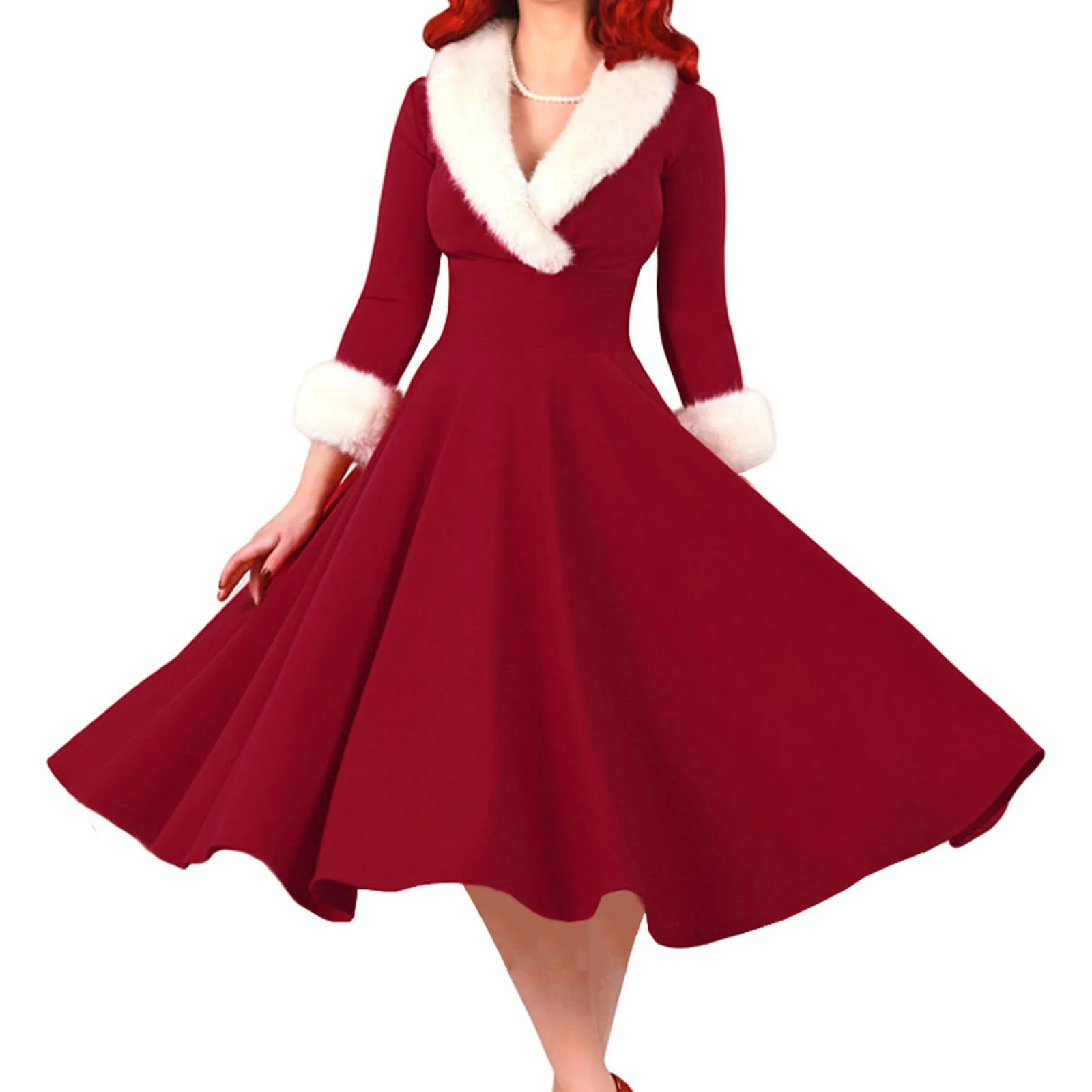 

New Year Christmas Dress Women Christmas Sexy Costume Long Sleeve V Neck Plush Warm Party Pleated Elegant Tunic Swing Dresses