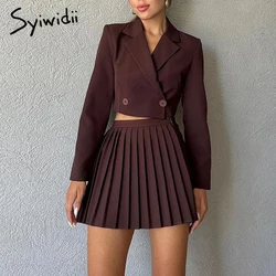 Suit Set Women Turn Down Collar V Neck Long Sleeve Crop Tops+High Waist Pleated Shorts Two Piece Set Fashion Casual Lady Clothes