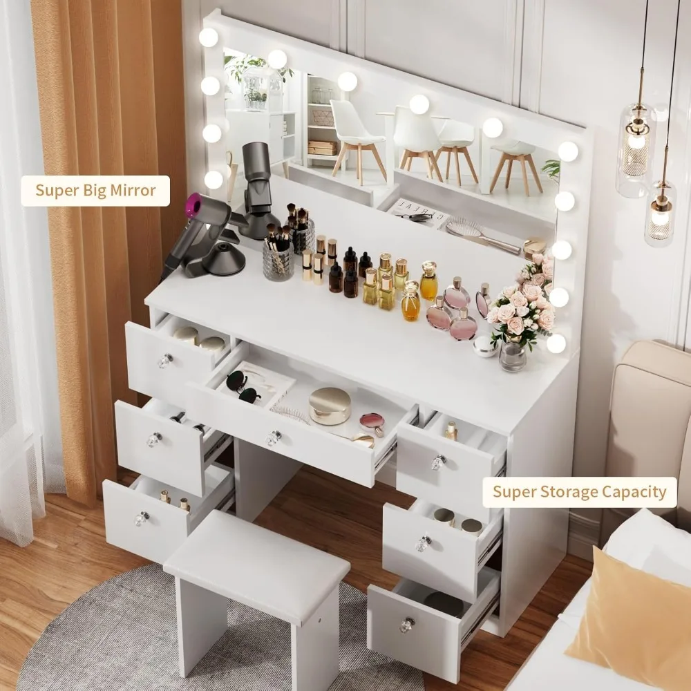 Vanity Makeup Desk with Lighted Mirror, Power Outlet, Soft Stool and 7 Drawers, 3 Color Lighting Modes Adjustable Brightness 5