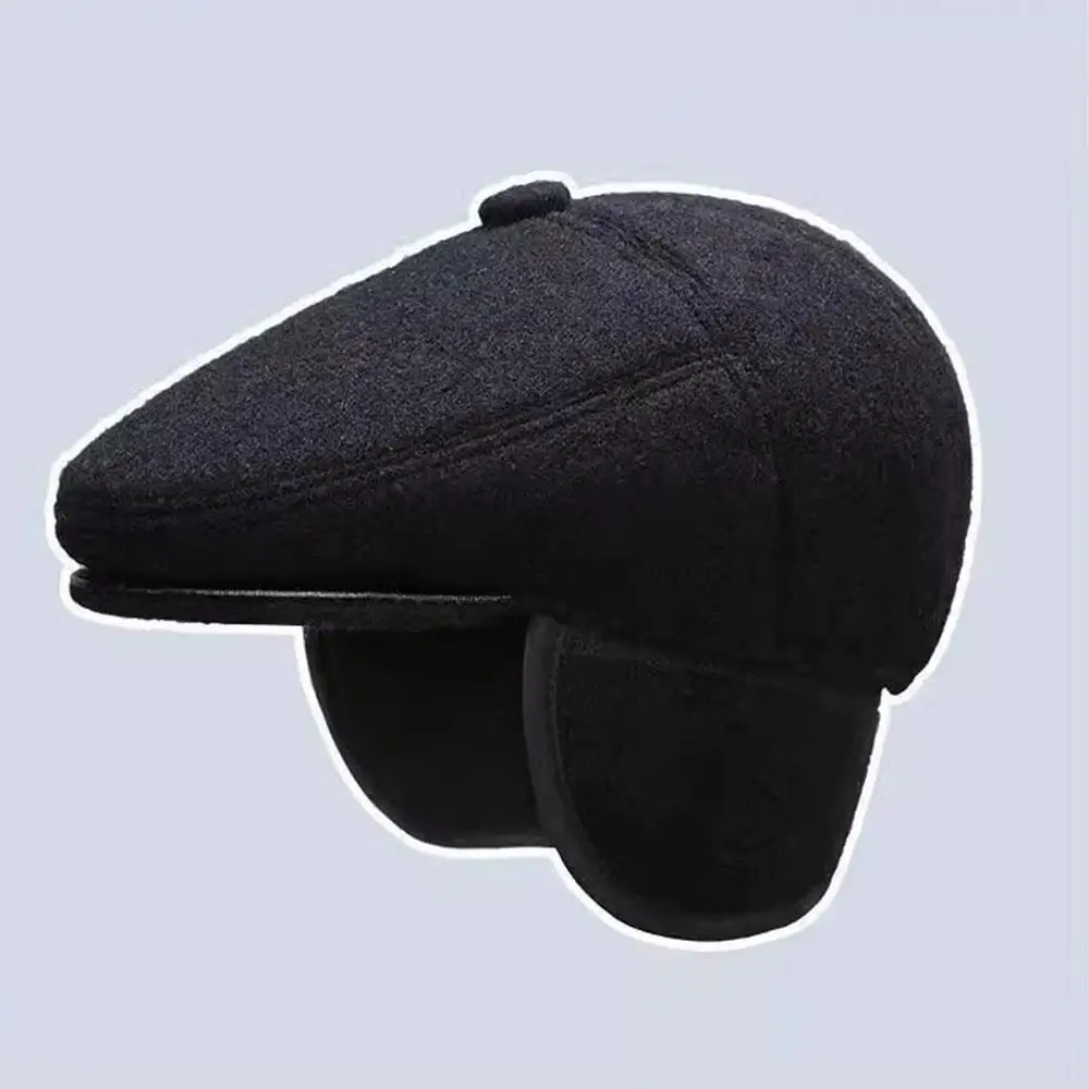 Thick Warm Winter Caps For Men Solid Black Grey Flat Cap Male Autumn Winter Beret Hat With Ear Flaps Dad Grandfather Beret Caps