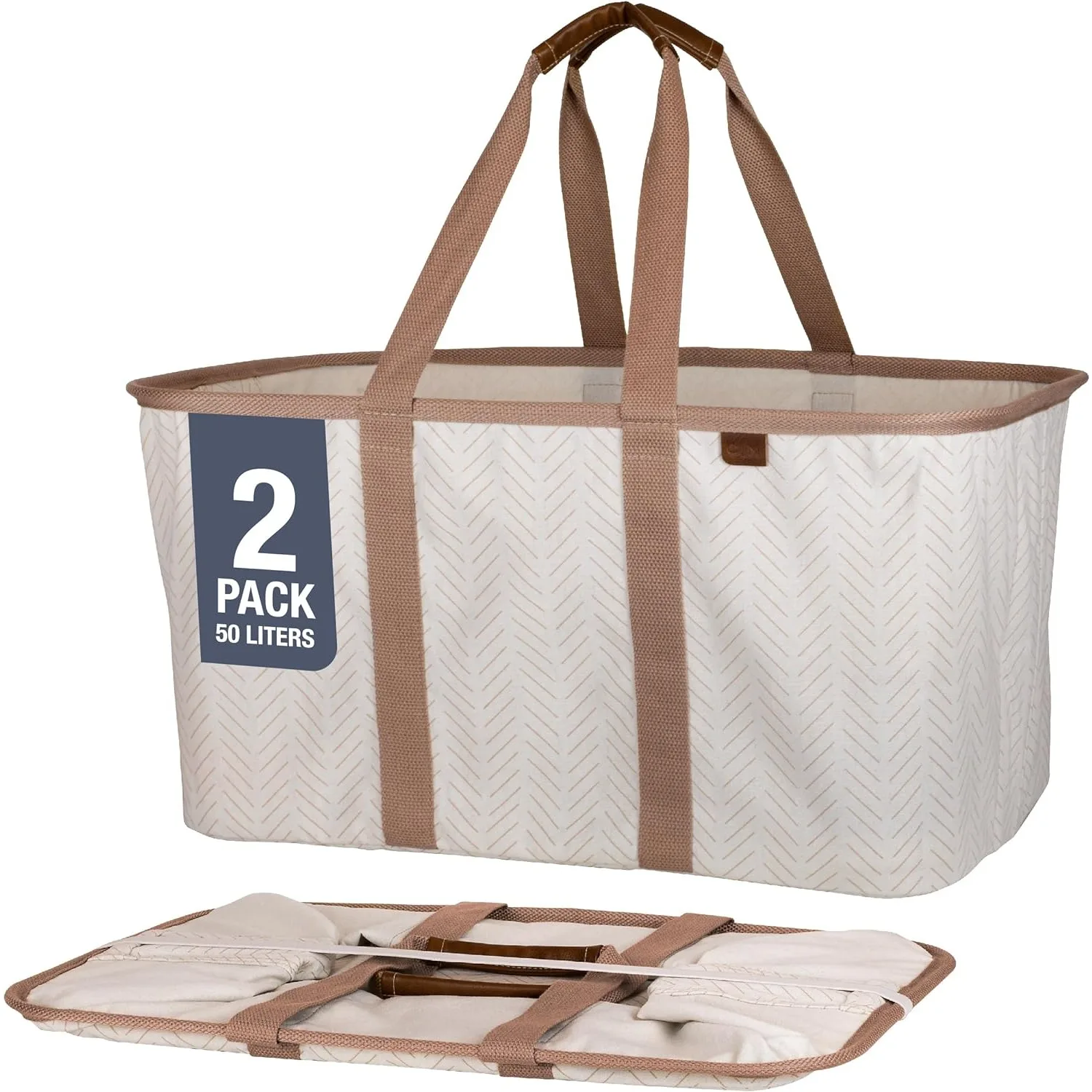 CleverMade Collapsible Laundry Tote, LUXE Cream Herringbone 2PK-50L (13 Gal) Premium Cotton Blend Collapsible Laundry Baskets