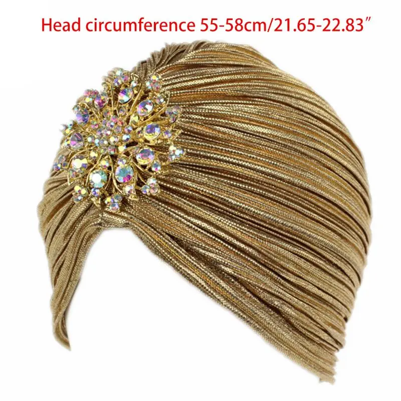 Chapeau Turban indien pour femmes, couvre-tête plissé en velours doux, Hijab avec broche, bijoux