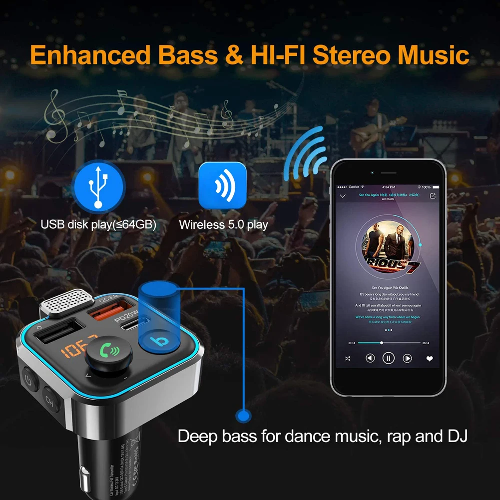 FM ۽ű  MP3 ÷̾,  ȣȯ 5.0,  USB FM , QC3.0  ޴ , ũ , PD 20W