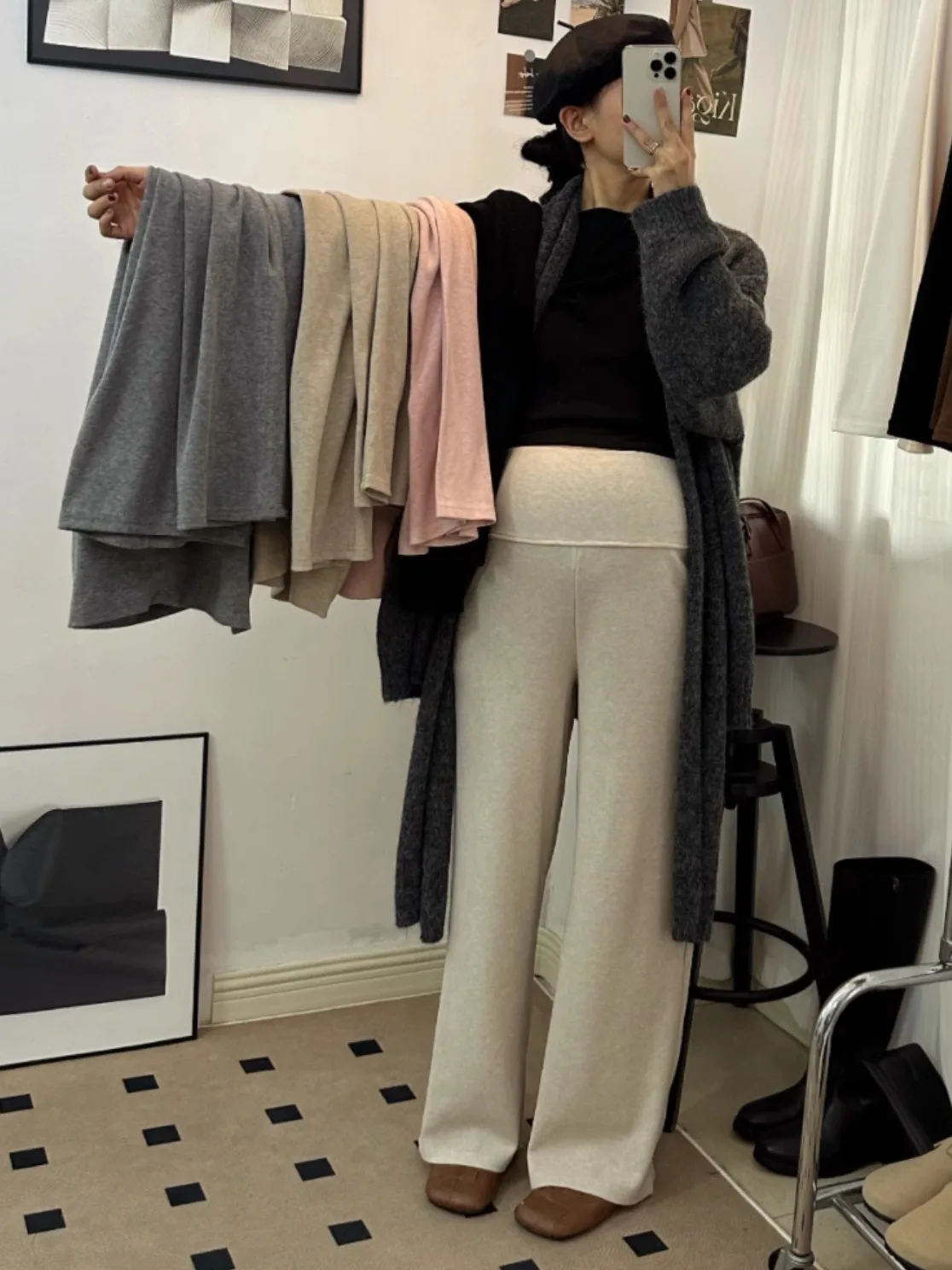 양털 안감 한국 스타일 임산부 바지 와이드 레그 캐주얼 복부 지지 아우터 겨울..