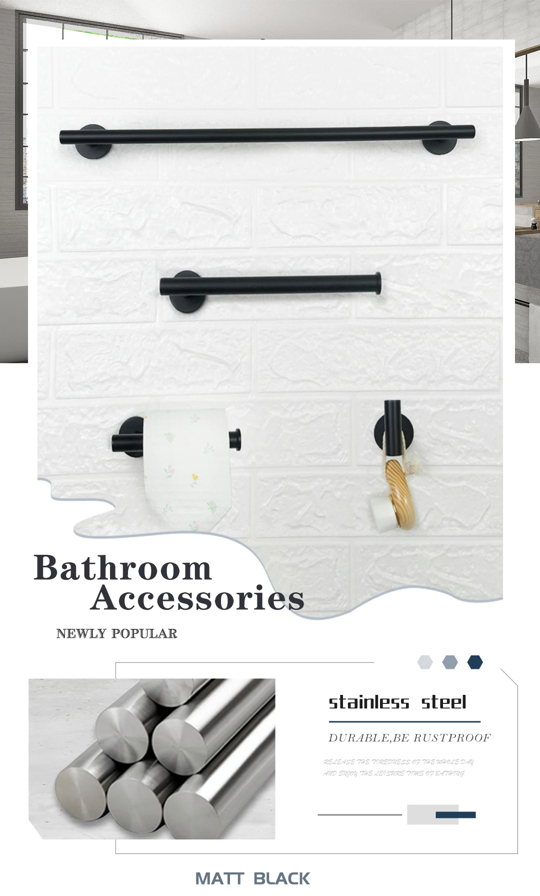 Description Picture 2 of itemMatte Black 4-Piece Set Bathroom Accessories 304 Stainless Steel Wall Mount Toilet Paper Holder Towel Bar Ring Robe Hook
