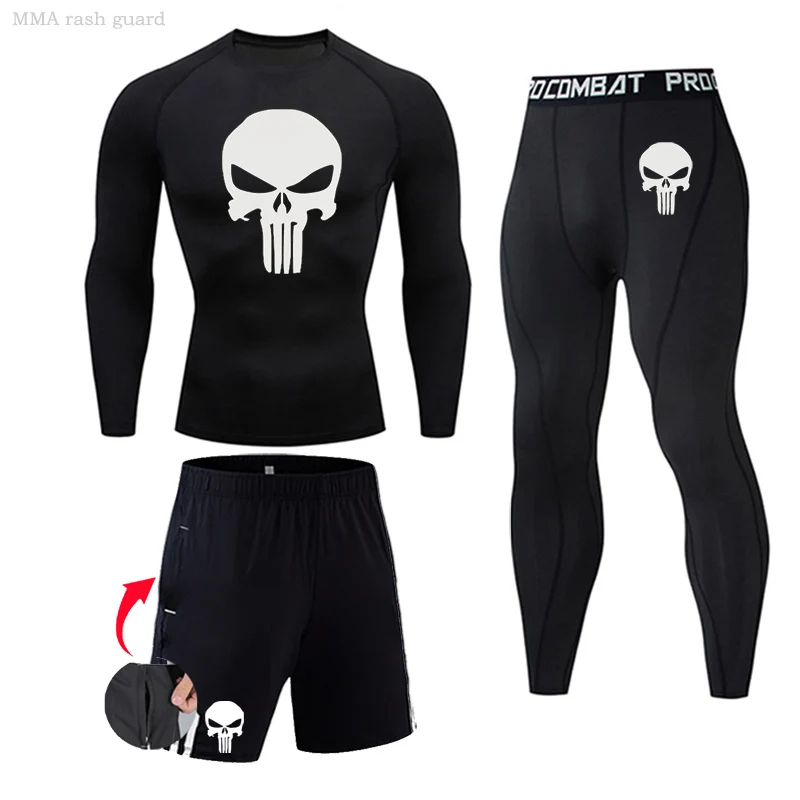 3 Piece Men's Full Suit Tracksuit MMA Tactics winter thermal underwear Skull rashgard Male Compression sport Tights jogging suit