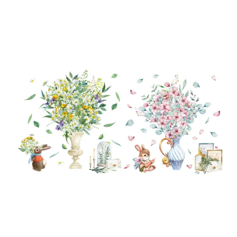 

Cute Rabbit Plants And Flowers Wall Sticker Shop Window Glass Layout Electrostatic Sticker Moisture-proof Anti Fouling Removable