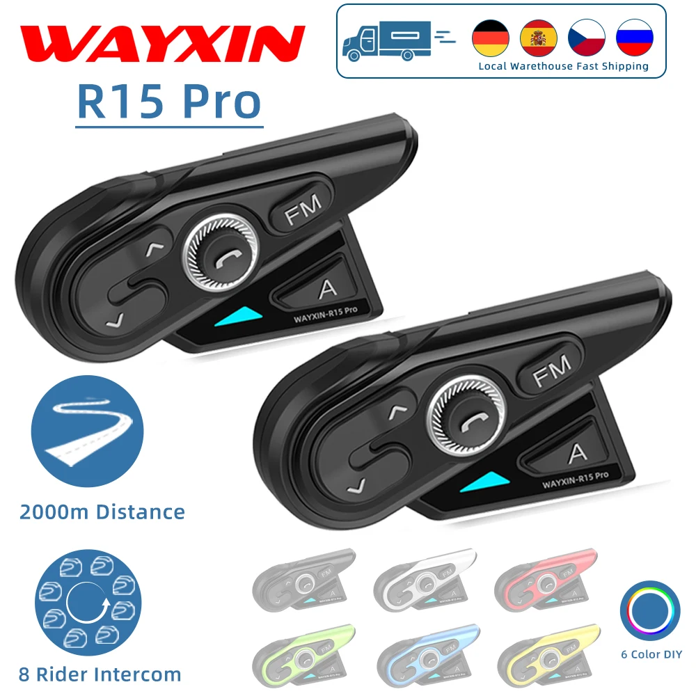 WAYXIN R15 Pro Helmet Headset 8 Riders Motorcycle Intercom Universal Pairing FM Radio Interphone Communication System Waterproof 1