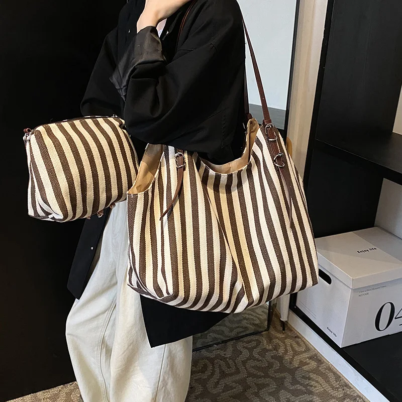 Large Capacity Canvas Bag for Women Fashion Striped Shoulder New Top-handle Travel Bag Shopping Tote Bolsa