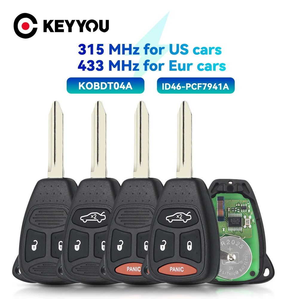 Keyyou กุญแจรถรีโมท315/433MHz 2/3/4ปุ่ม KOBDT04A สำหรับ Dodge Chrysler JEEP Dakota durango Charger 300 Aspen Grand Cherokee
