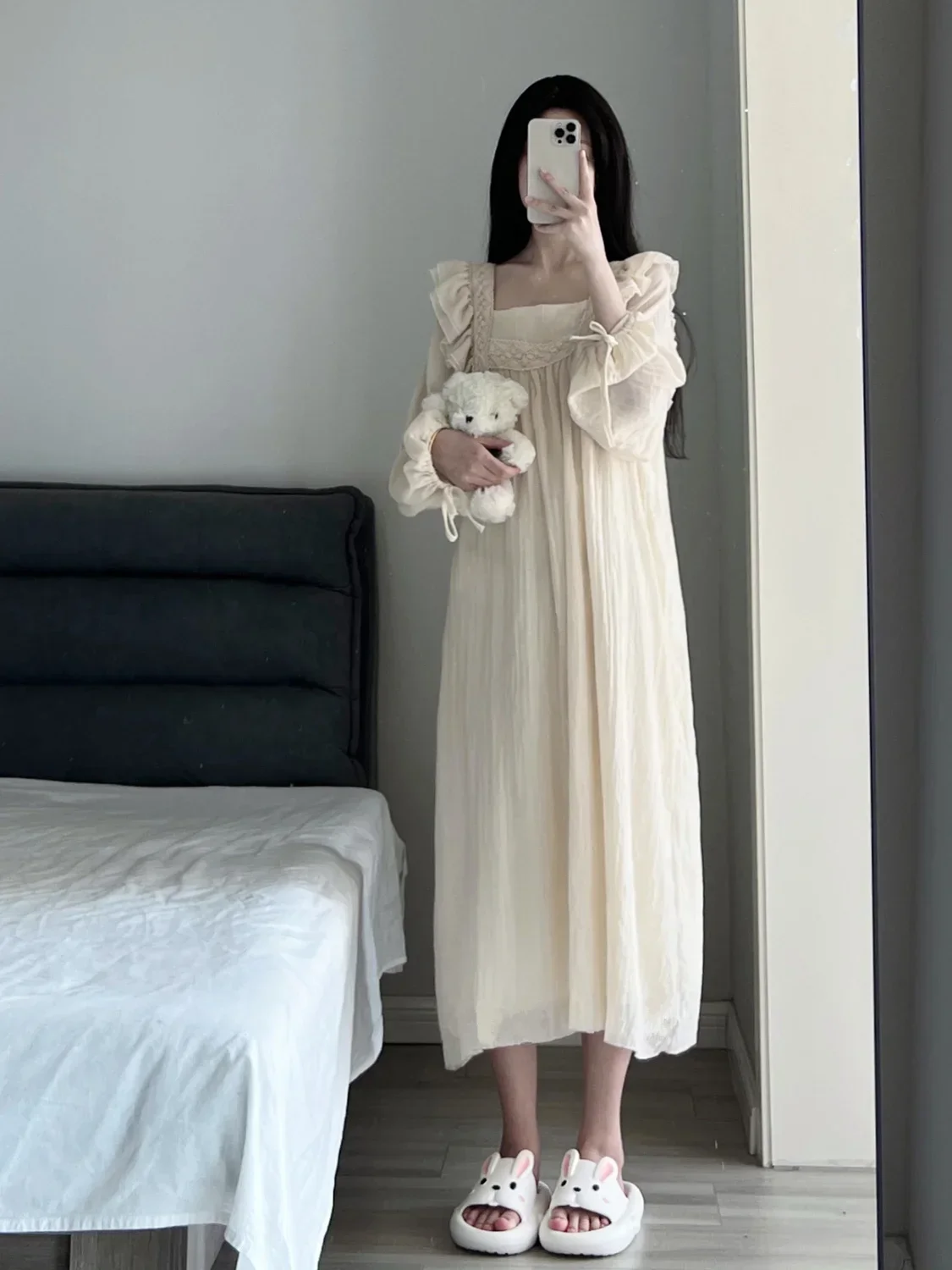 Koreanischer Spitzen-Nachthemd für Damen, Rüschen-Schlafanzug, Frühling, Einteiler, Langarm, eckiger Ausschnitt, Homewear, Neu 2026 – Detail 4