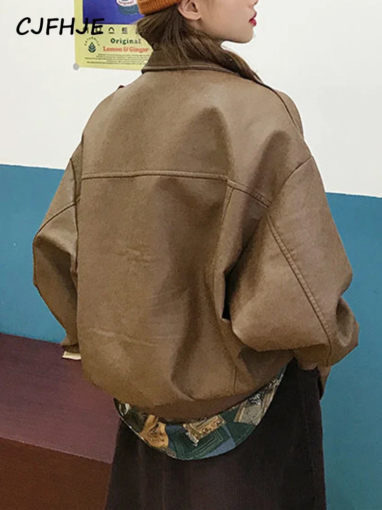 CJFHJE Streetwear Oversize Black Leather Jacket Women Fashion Pu Zipper Biker Jacket Female Loose Warm Pocket Faux Leather Coat