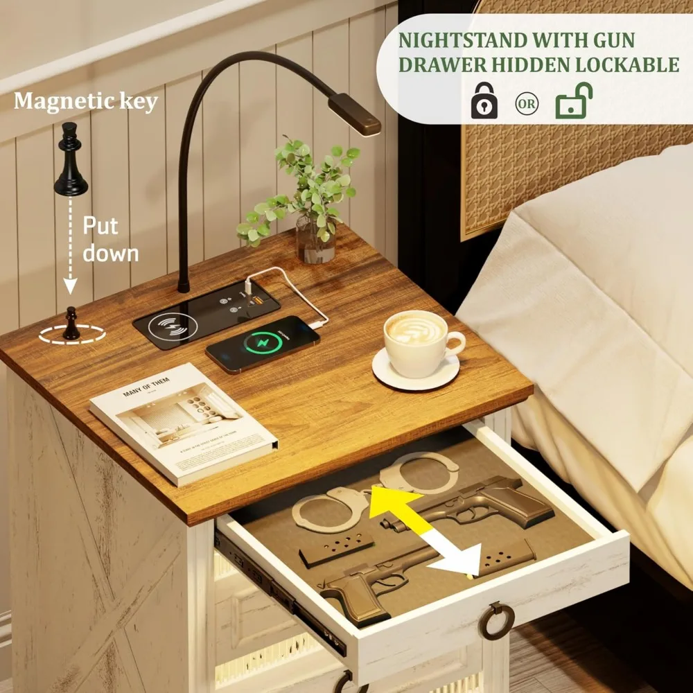 LED Nightstand with Gun Drawer & Reading Light, LED Bedside Table with Charging Station & Human Sensor LED Lights, Nightstands 2