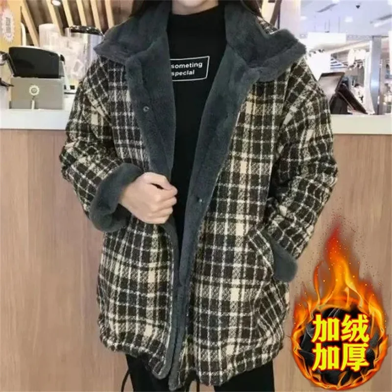 Plaid Wool Plus Fleece Thickened Cotton Clothes 2023 Female Loose Matching Medium Long Coat Small Winter Mother Pack Commuting X