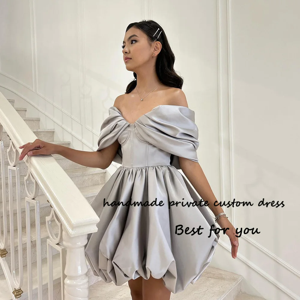 

Gray Off Shoulder Evening Party Dresses Draped Pleats Satin Short Homecoming Dress Above Knee Teens Graudation Party Gowns