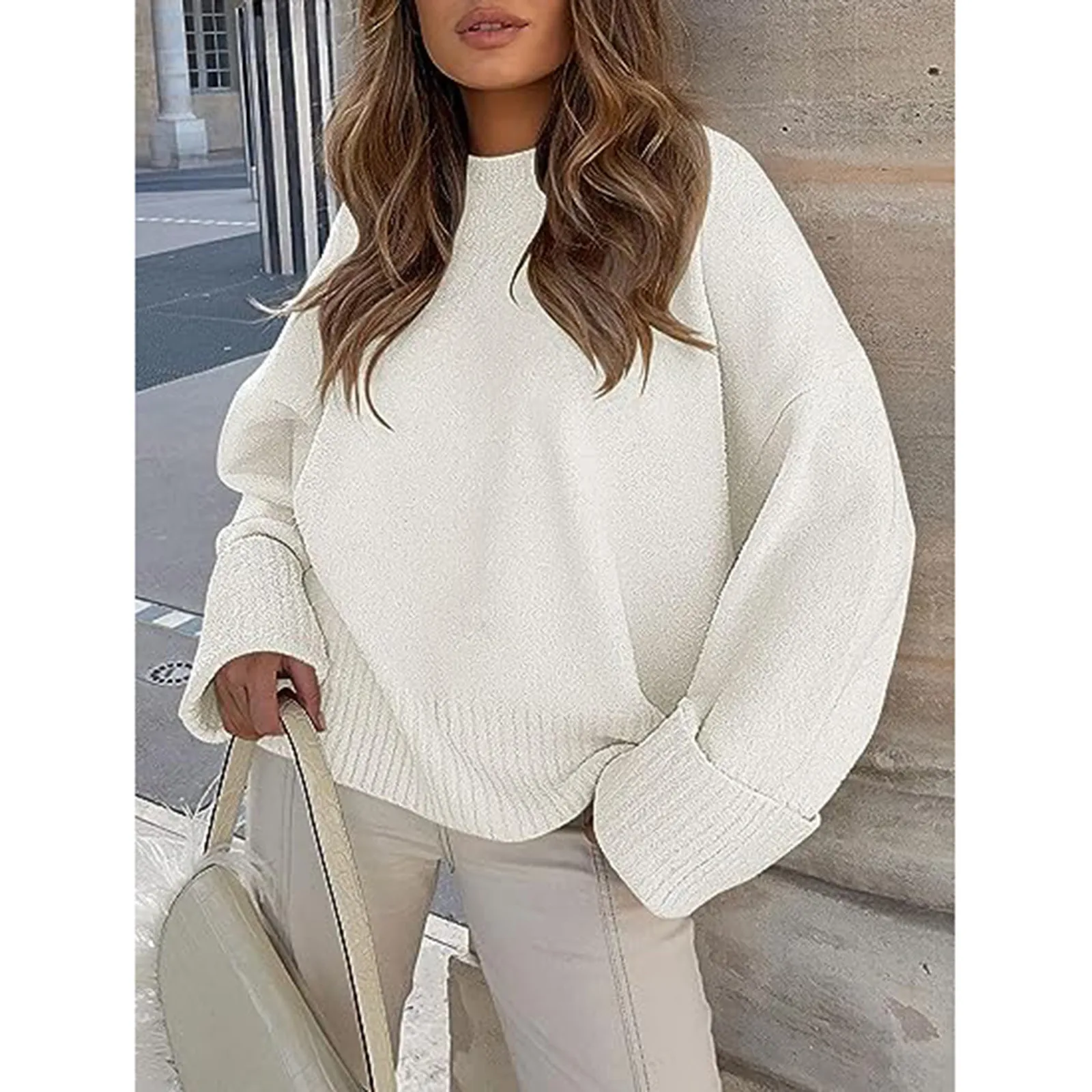 

Women Fashion Autumn Winter Knitted Thick Thread Pullover loose round neck solid color autumn winter Turtleneck Sweater