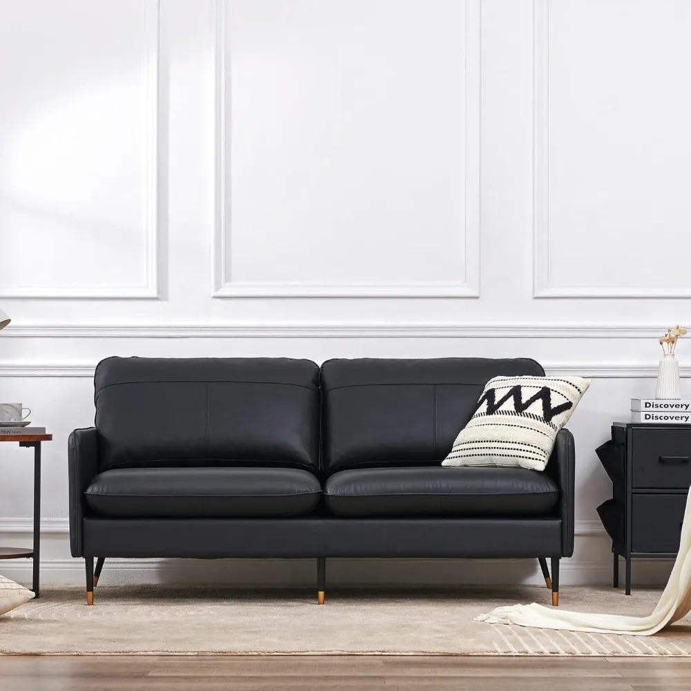 67" Top-Grain Leather Sofa, 2 Seater Loveseat Couch, Mid-Century Modern Leather Couch for Living Room Bedroom Apartment Office