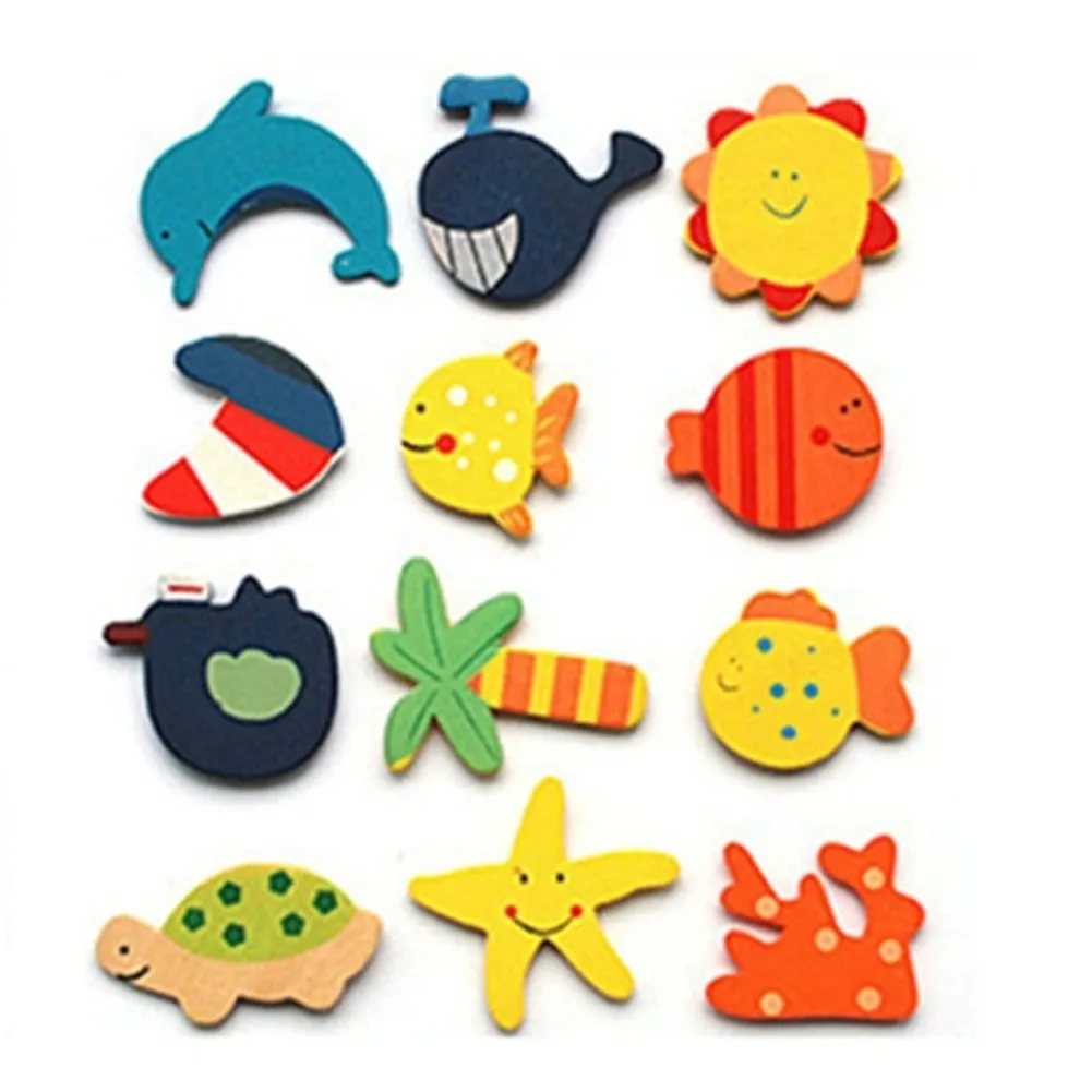 Cute Fridge Magnet Stickers 12Pcs/Set Wooden Cartoon Shape
