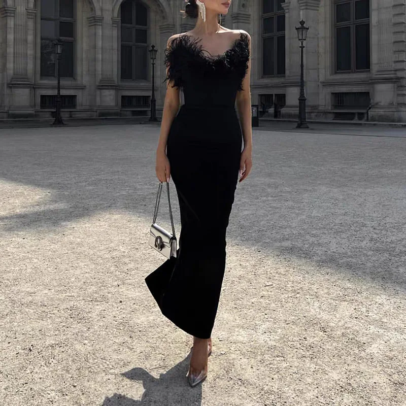 

Temperament tube top dress skirt 23 new ostrich hair stitching slim dress woman