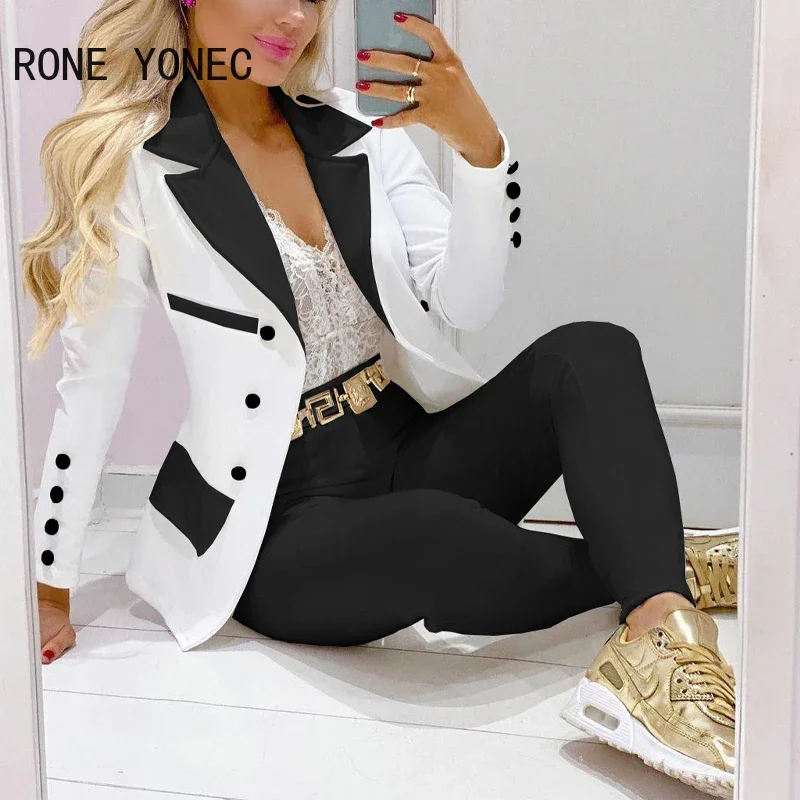 

Women Working Elegant Long Sleeves Button Sashes Patchwork Notched Collar Spring/Autumn Calf-length Pants Blazer Sets