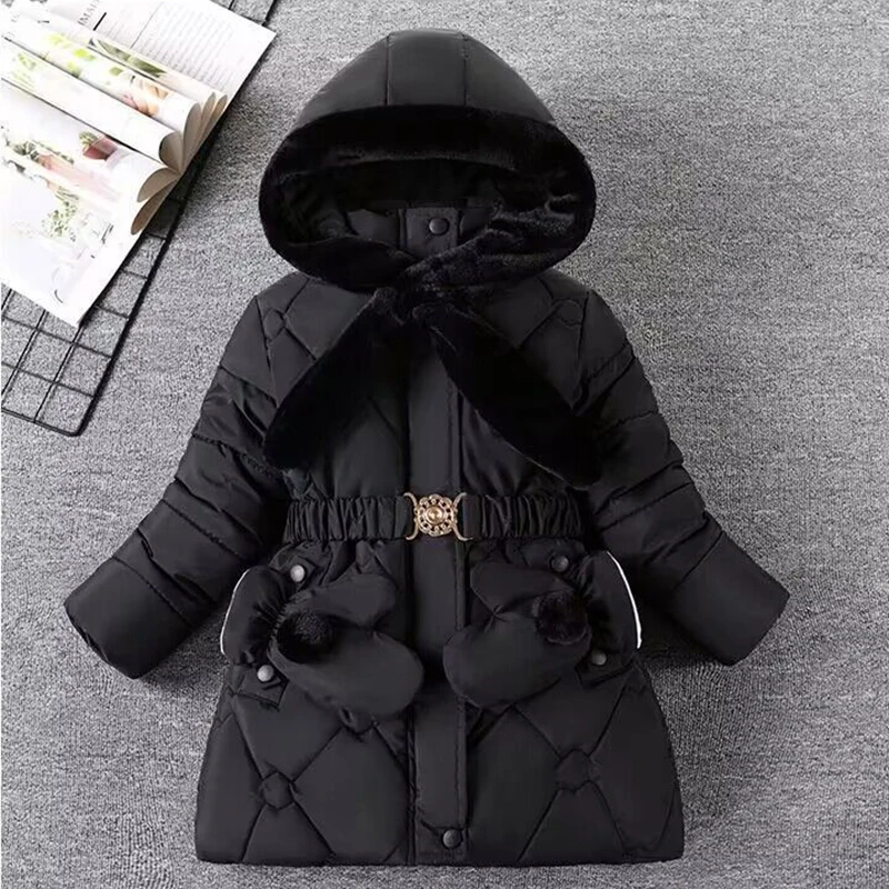 Girls Winter Jacket Fur Collar Hooded Zipper Outerwear 6-12 Years