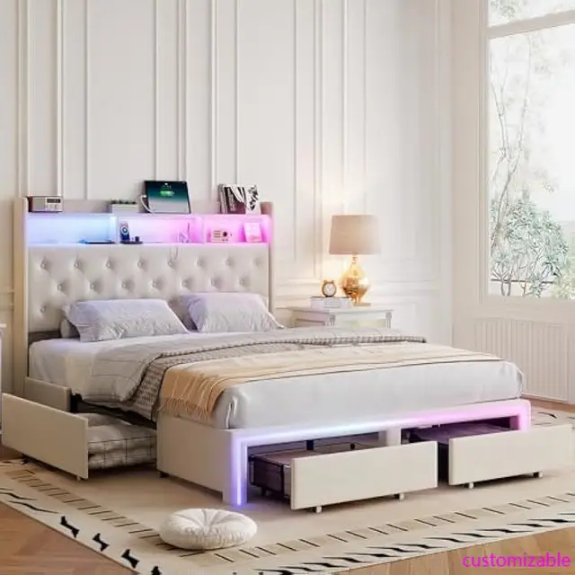 Full LED Bed Frame with Storage Headboard & Charging Station, Velvet Fabric Platform Bed Frames with 4 Drawers,Beige