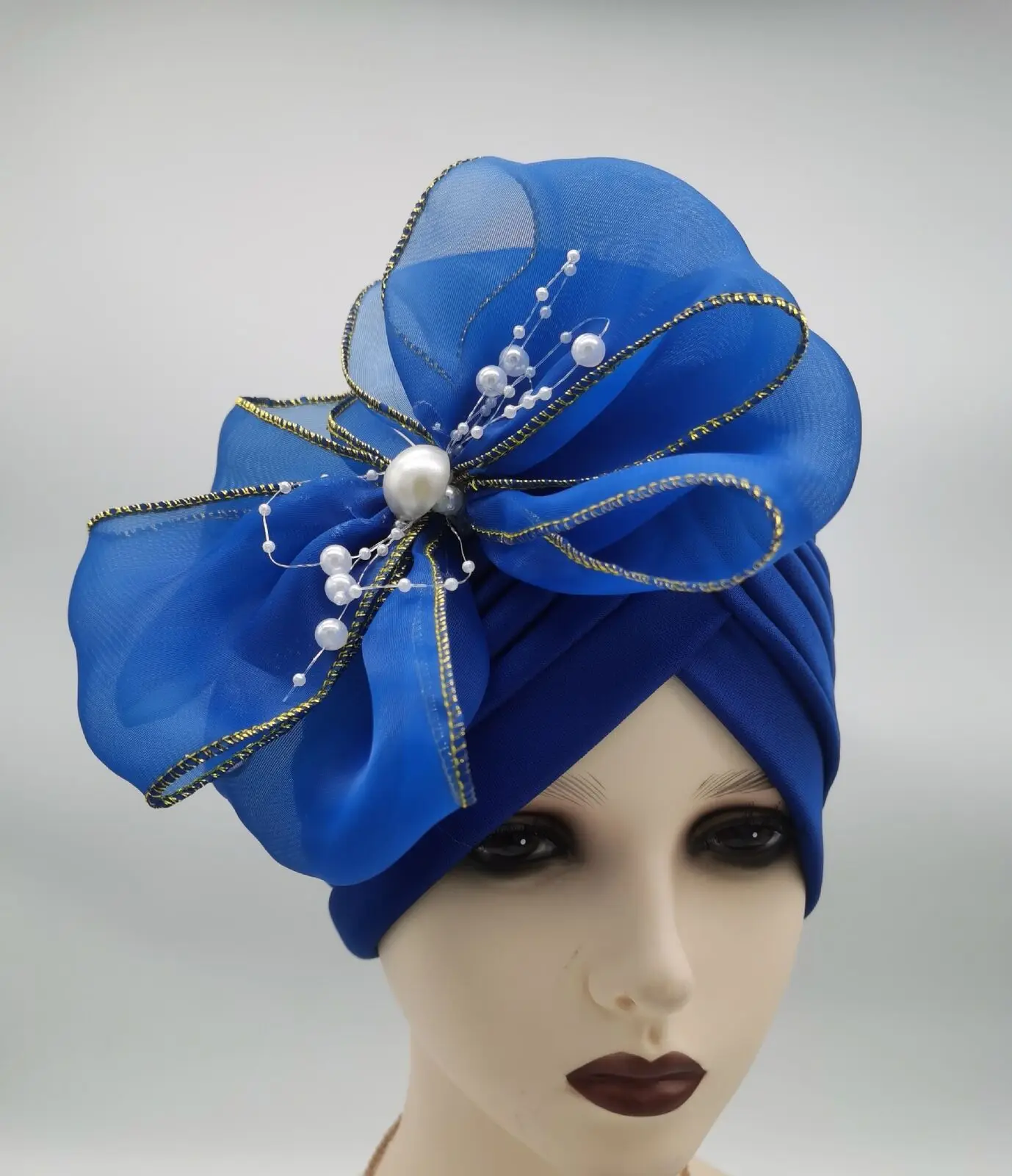 Women's Mesh Flowers Turban Caps Elegant Muslim Headscarf Bonnets African Headtie Party Headwear Nigeria Female Top Hat Fashion 2