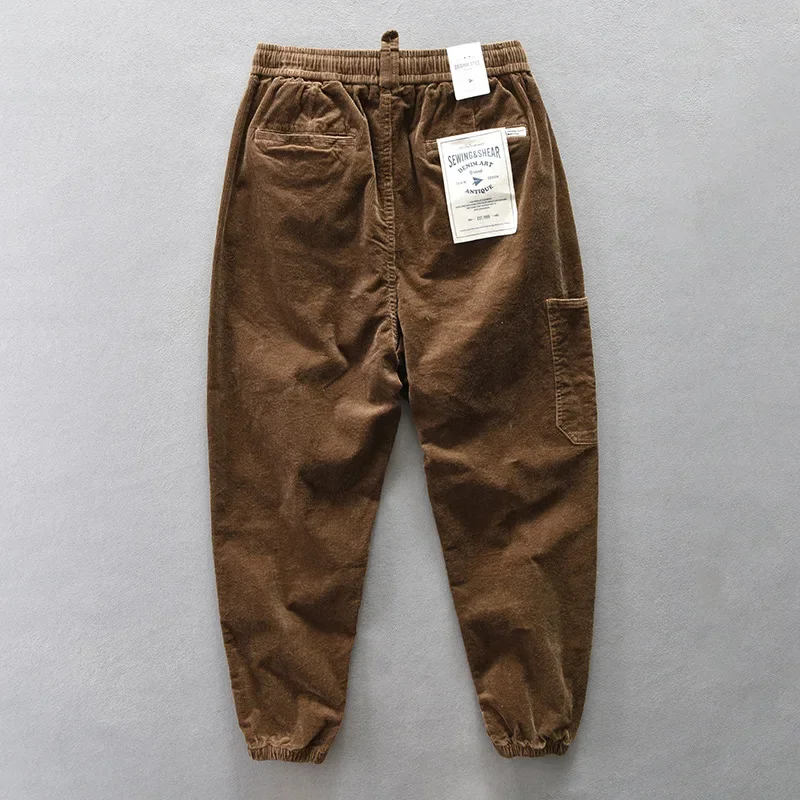 Trendy Corduroy Men's Pants Streetwear Versatile Drawstring Ankle Length Casual Velvet Pants Autumn Season Male Leisure Trousers
