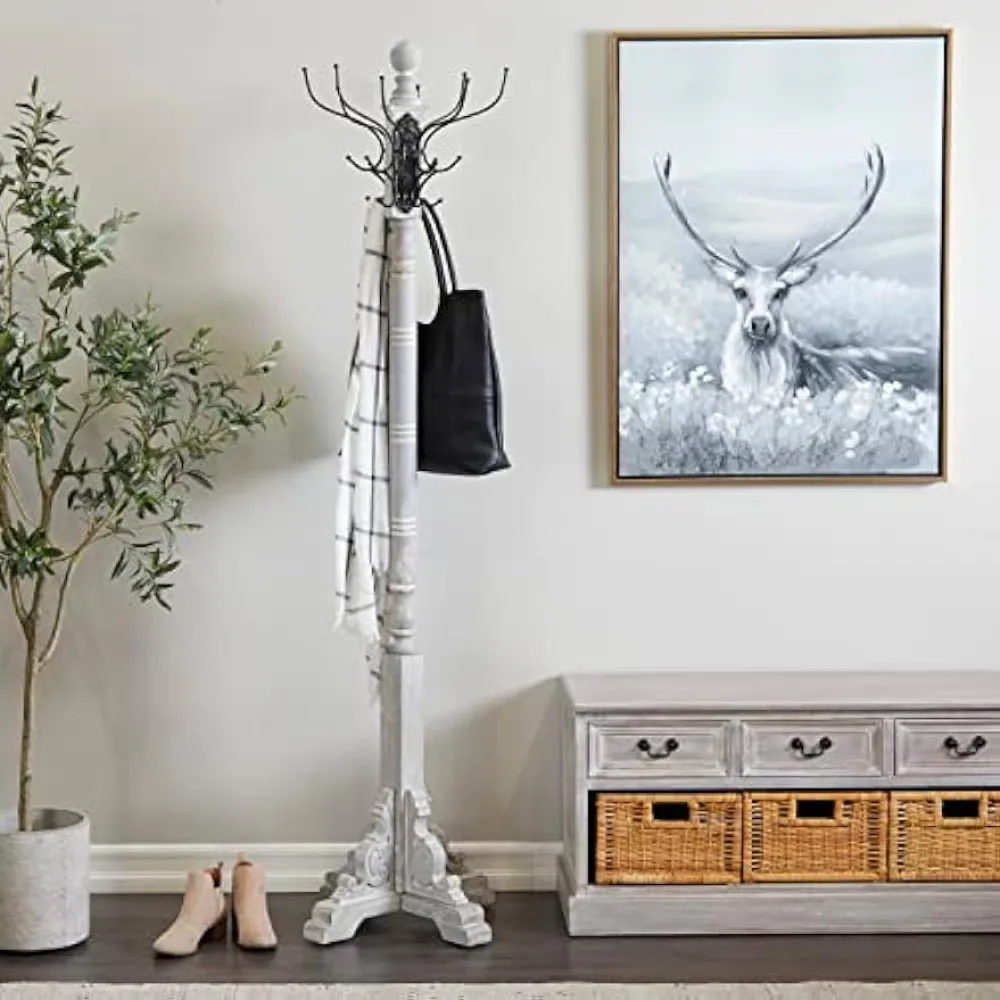 

Wood Vintage Style 12 Hook Coat Rack 19" X 19" X 74" Gray Shelf Hanger Floor Room Furniture Furniture for Home Standing Racks