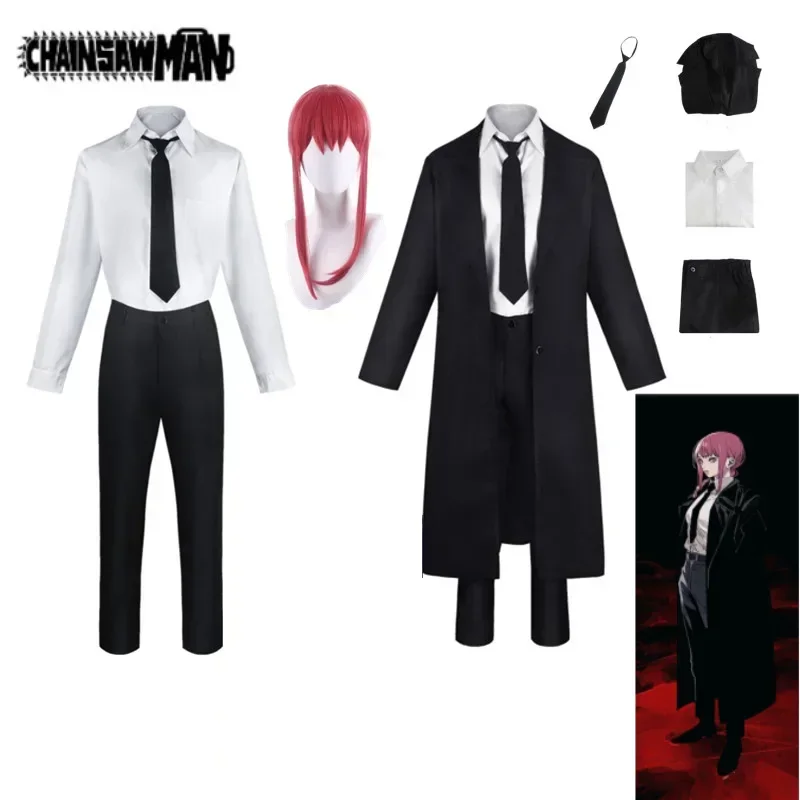 

Anime Chainsaw Man Makima Cosplay Costume Black Trench Shirt Tie Pants Makima Wig Long Light Red Braid Men Women Suit Uniform