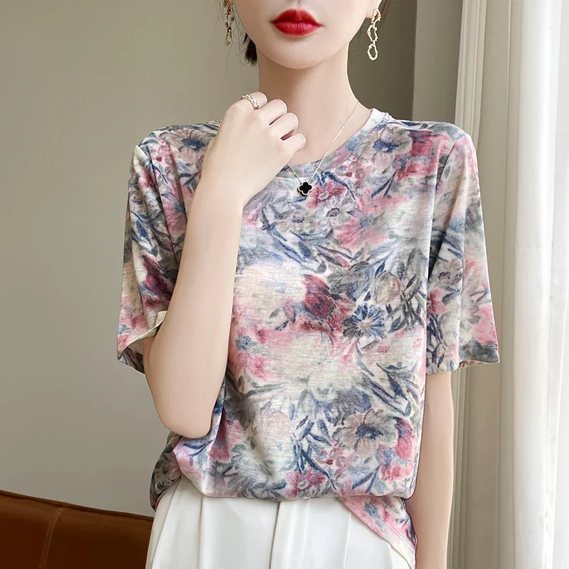 T-Shirt For Women Clothes Ice Silk Knitted Tops Casual Hot Drill Little Monkey Contrast Tee Summer