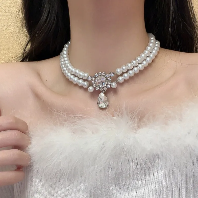 

Женское Двухслойное ожерелье из искусственного жемчуга и циркона, элегантное белое украшение в французском стиле в стиле барокко, яркое украшение, подарок на день рождения