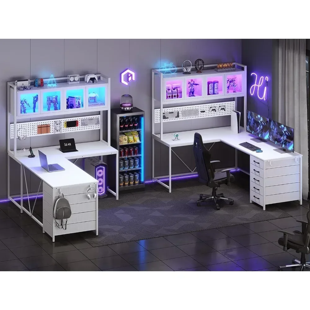 L-shaped Computer Desk with Storage Shelves, Pegboard, LED Lights, Sockets, Home Office Desk, Corner Table, Large Gaming Table 4