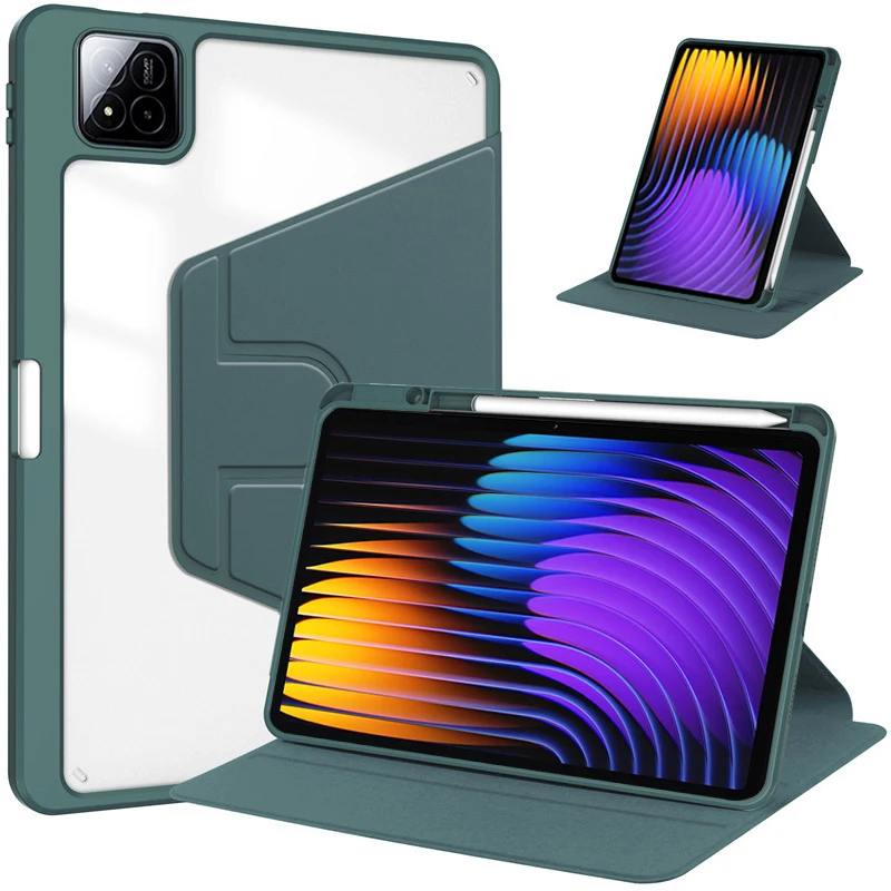 Universal 360° Rotating Tablet Case with Swiveling Stand and Pencil Holder - Clear Back Cover, Fits 11-inch Devices