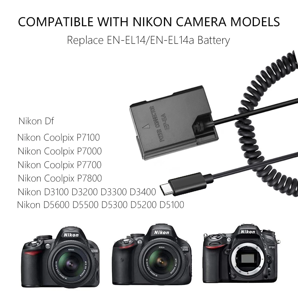 EP-5A USB-C Cable EN-EL14 Dummy Battery for Nikon P7800 P7100 D5600 D5500 D5200 D5100 D3200 D3100 D3300