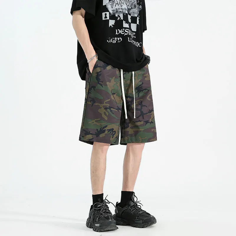 Minimalist Trendy Summer New Printed Pockets Men's Elastic Waist Drawstring Fashion Versatile Loose Straight knee length Shorts