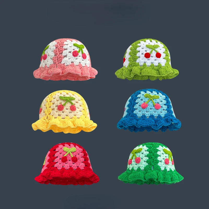 24 Opts Y2K Women's Crochet Flower Bucket Hat Handmade Knitted Cap Floppy Korea Panama Caps Foldable Sunscreen Hat Femme Sun Bob