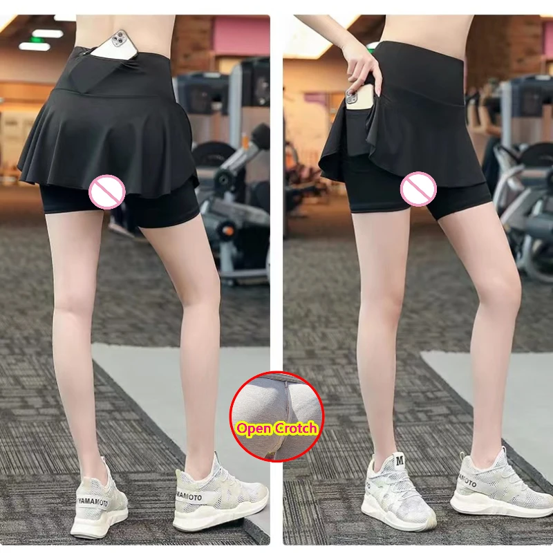 4XL Open Crotch Fake Two Piece Panties with Front Back Pockets Outdoor Fitness Pants Cropped Trousers Sporty Crotchless Clubwear