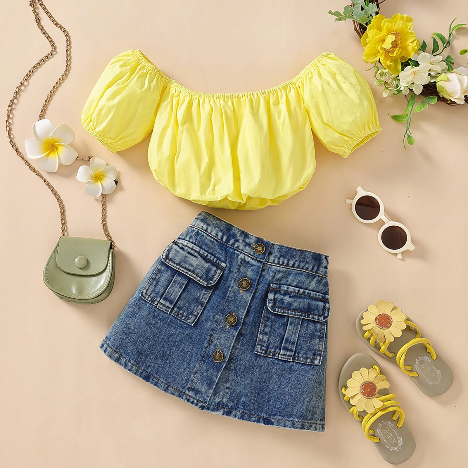 Baby Girls Short Sleeve Top+Denim Skirt Off Shoulder 2pcs Kids Top Denim Buttons Skirt Set