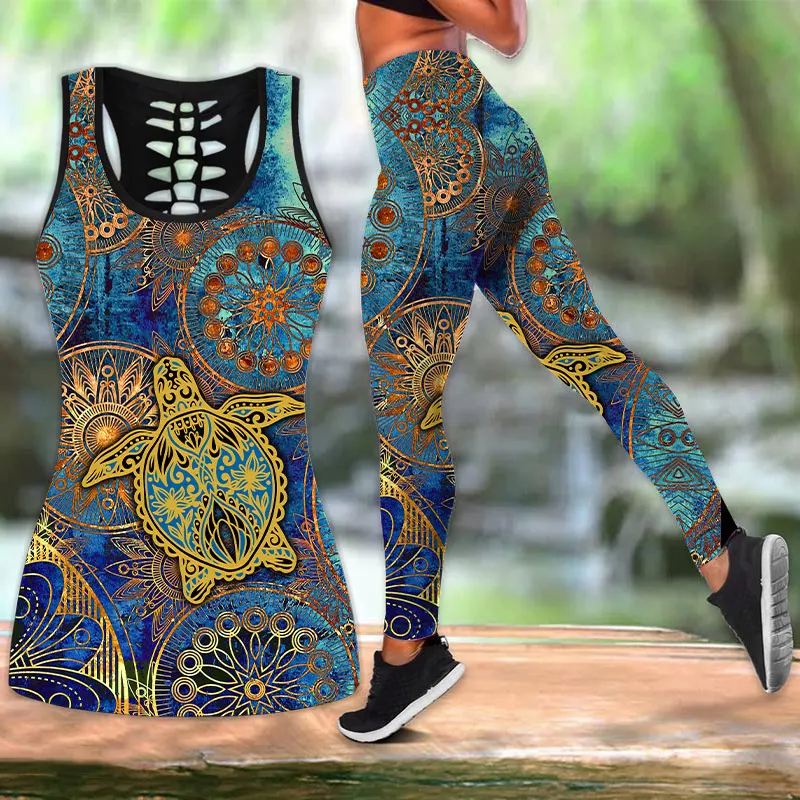 

3D Mandala Turtle Print Two Pieces Set Sleeveless Shirt and Legging Summer Combo Tank Top & Legging Outfit Plus Size XS-8XL