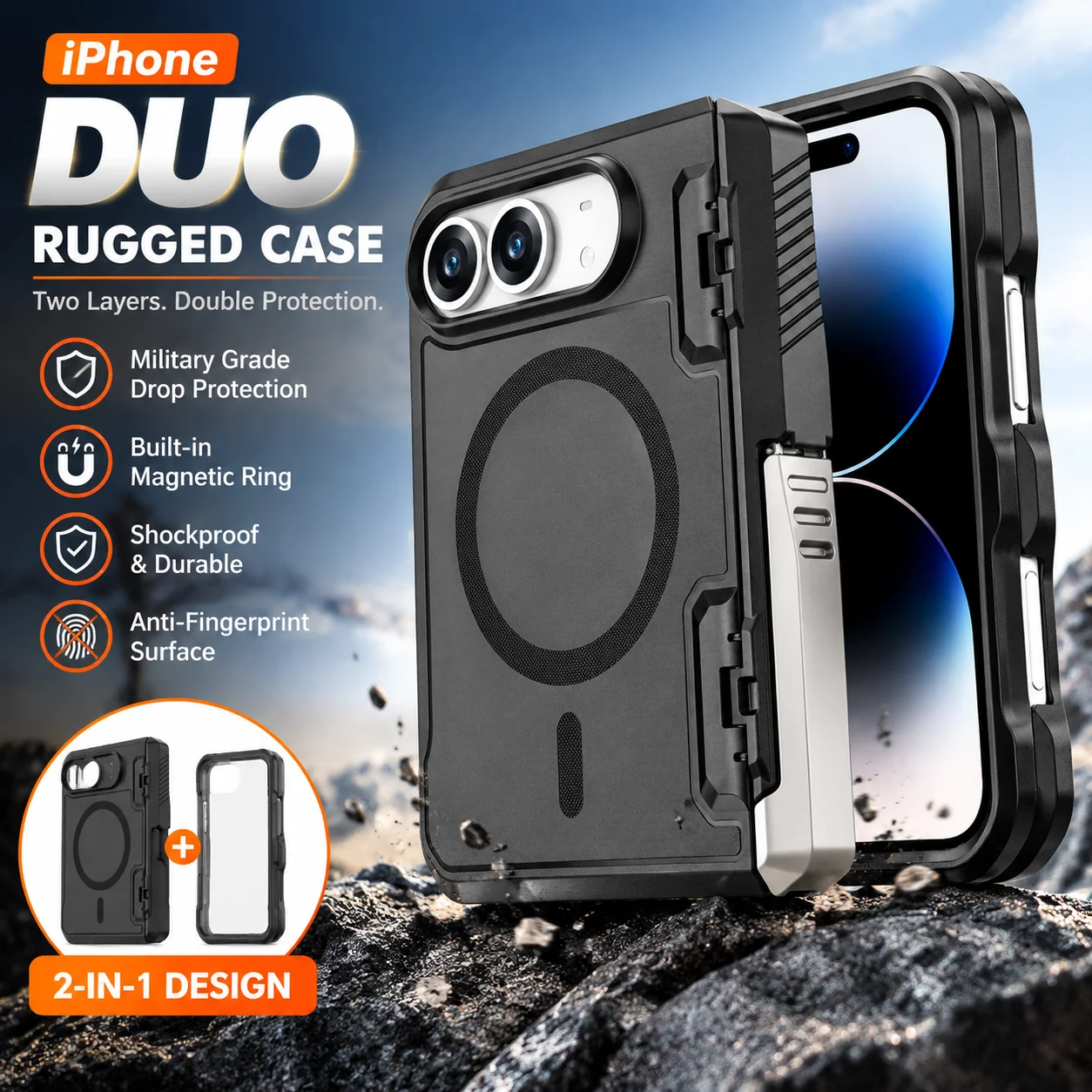 Dual Layer Shockproof iPhone Case with Stand – Rugged Protective Bumper Cover