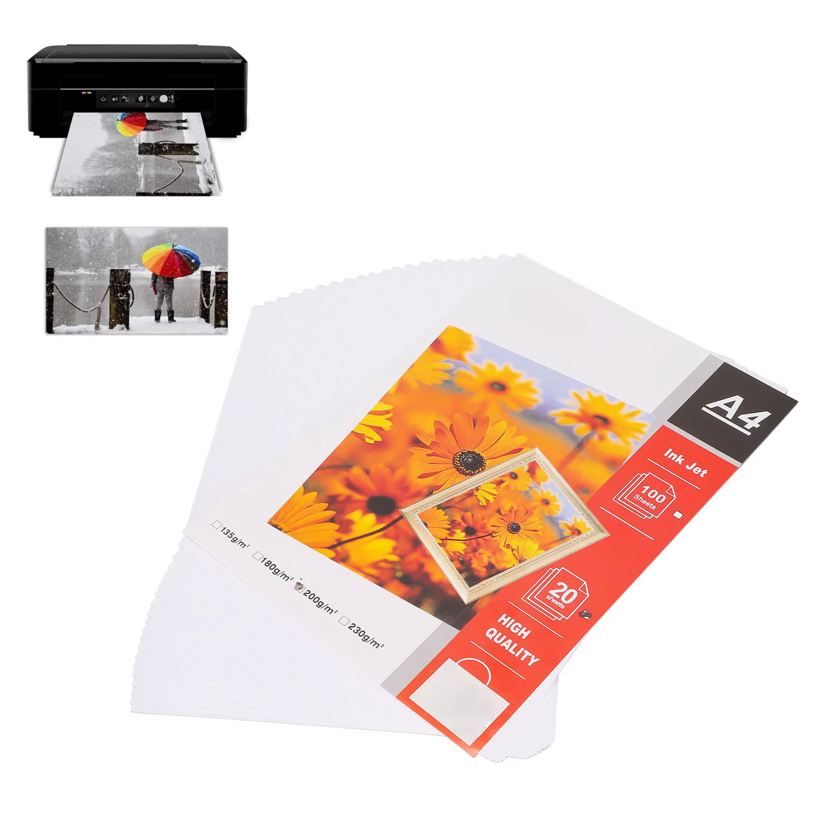 20Pcs Matte Photo Paper Durable Paper A4 8.3x11.7in Glossy Surface Water Resistant High Light Photo Printer Paper