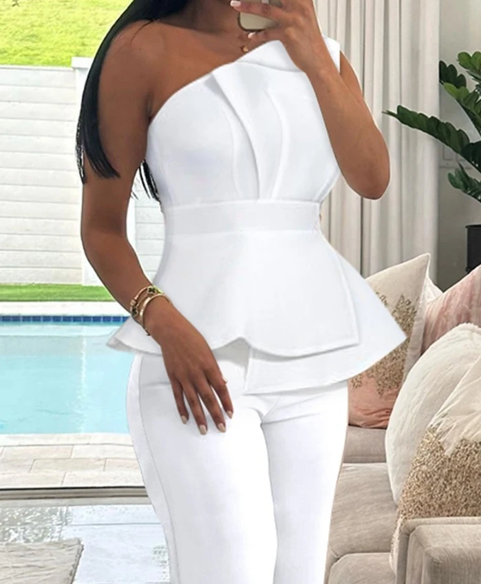 Elegant Two Pieces Set for Women 2024 Sleeveless Diagonal Collar One Shoulder Ruched Top & High Waist Straight Leg Pants Set