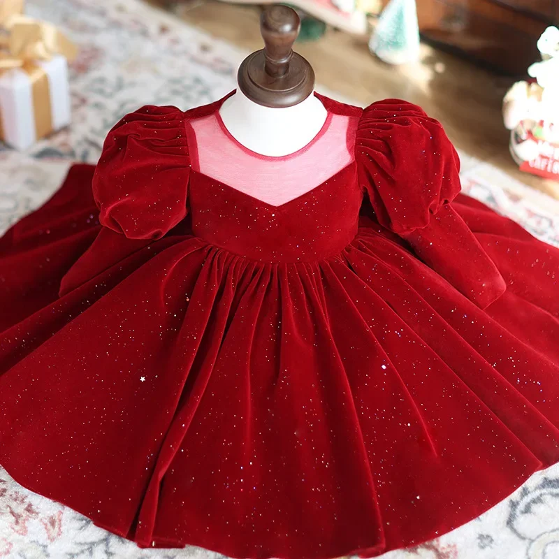 1-12-birthday-dress-baby-girl-catch-week-wine-red-winter-long-sleeved-flower-girl-wedding-child-princess-dress-party-dress