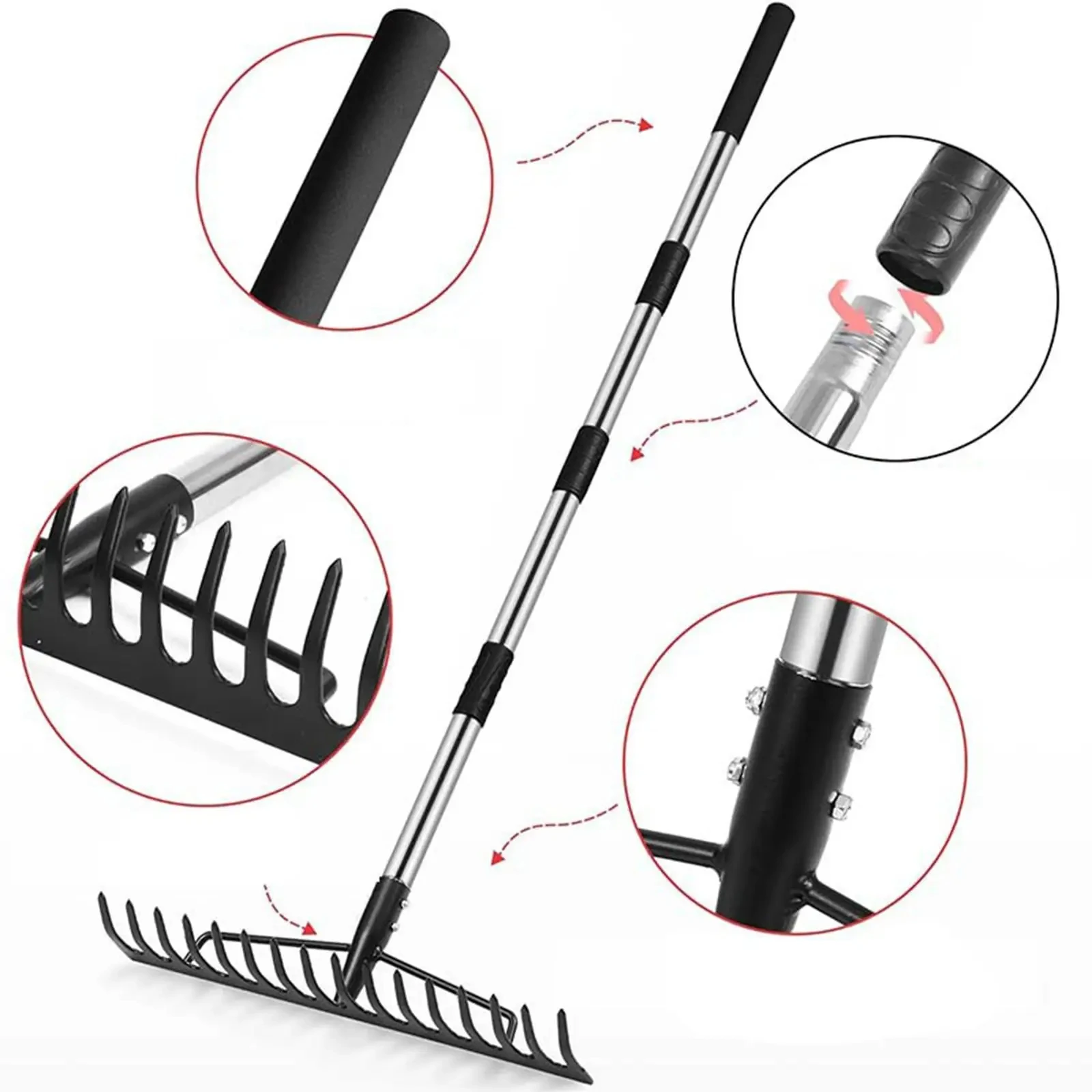 Garden Leaf Rake Adjustable Handle Cleaning Debris Grass Clippings Gardening Farm Lawns Rake Garden Iron Rake Agricultural Rake 5